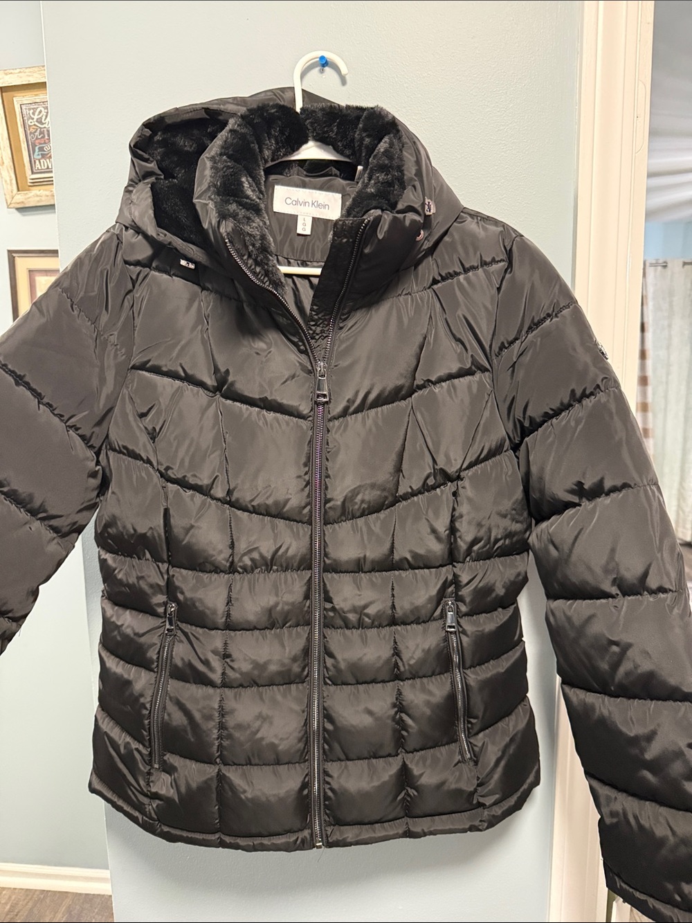 Calvin Klein Women's Black Quilted Puffer Jacket with Faux Fur Trim